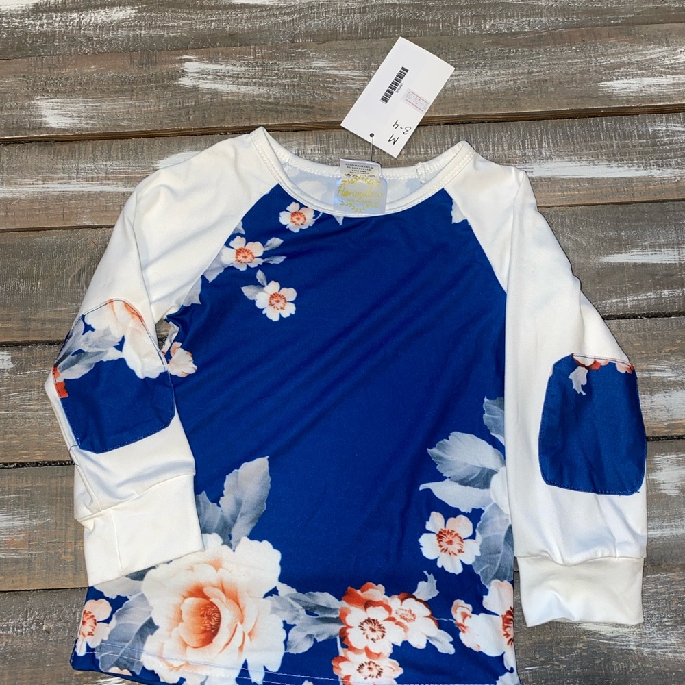 Honeydew Intimates Girls' Royal Blue Floral Raglan Top with White Sleeves